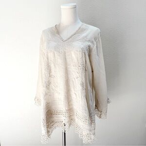 Johnny Was Beautiful Womens Ivory Floral Embroidered Long Sleeve Top Size Medium